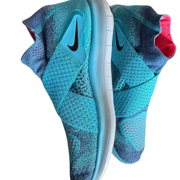 Nike Free RN Motion Flyknit Sz 8 Running Shoes Blue Aqua Red Slip-On - Picture 5 of 8
